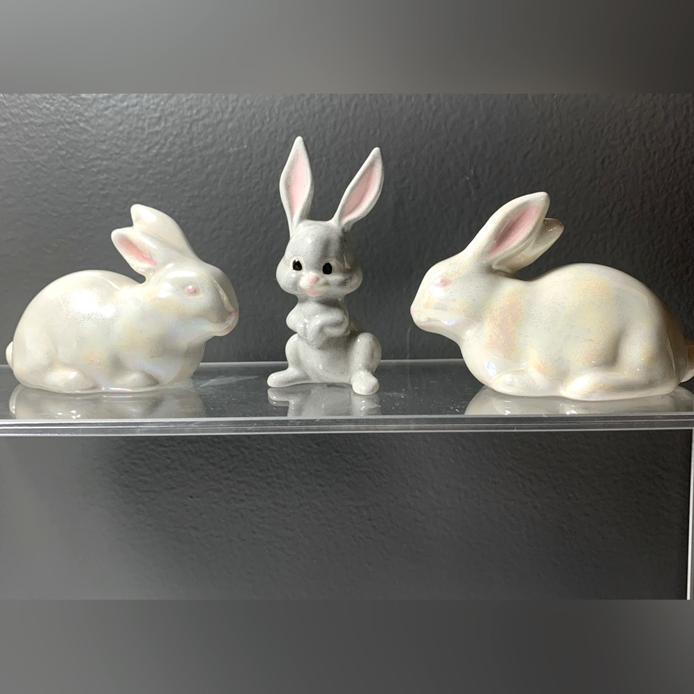 Bunny Decorations |Set Of 3 | Glossy Chrome Ceramic Bunnies + Glossy Gray Bunny
